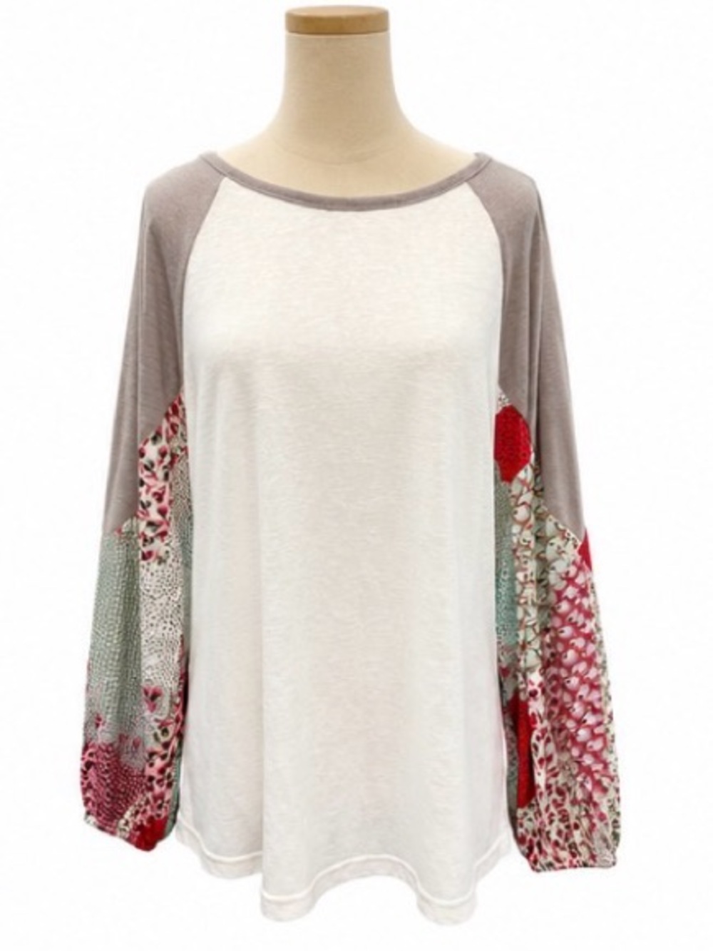 Easel Mixed Media Raglan Top Boho Patchwork Sleeve White Gray Size Medium